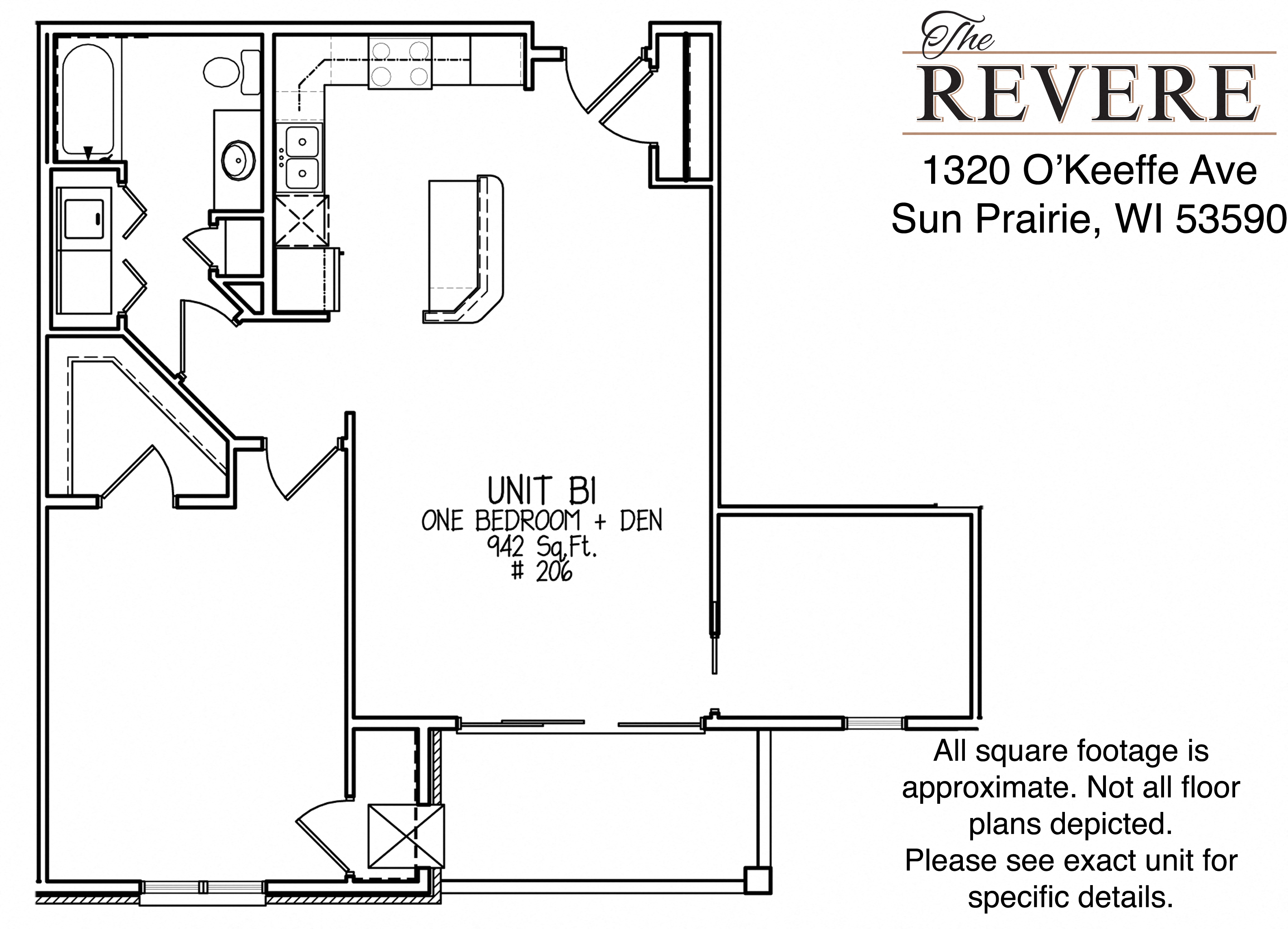 Floor plan for 1 bed, 1 bath, 942 sqft